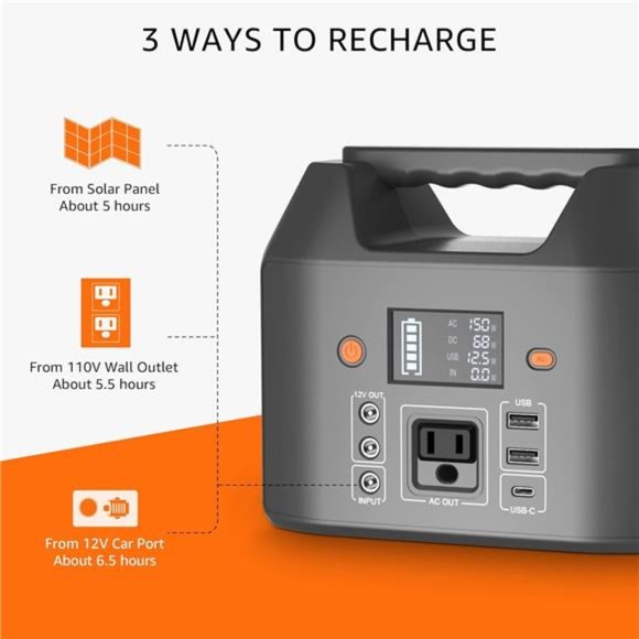 Portable Power Station 150W Solar Generator 42000mAh Portable Power Bank, Orange - Picture 4 of 6